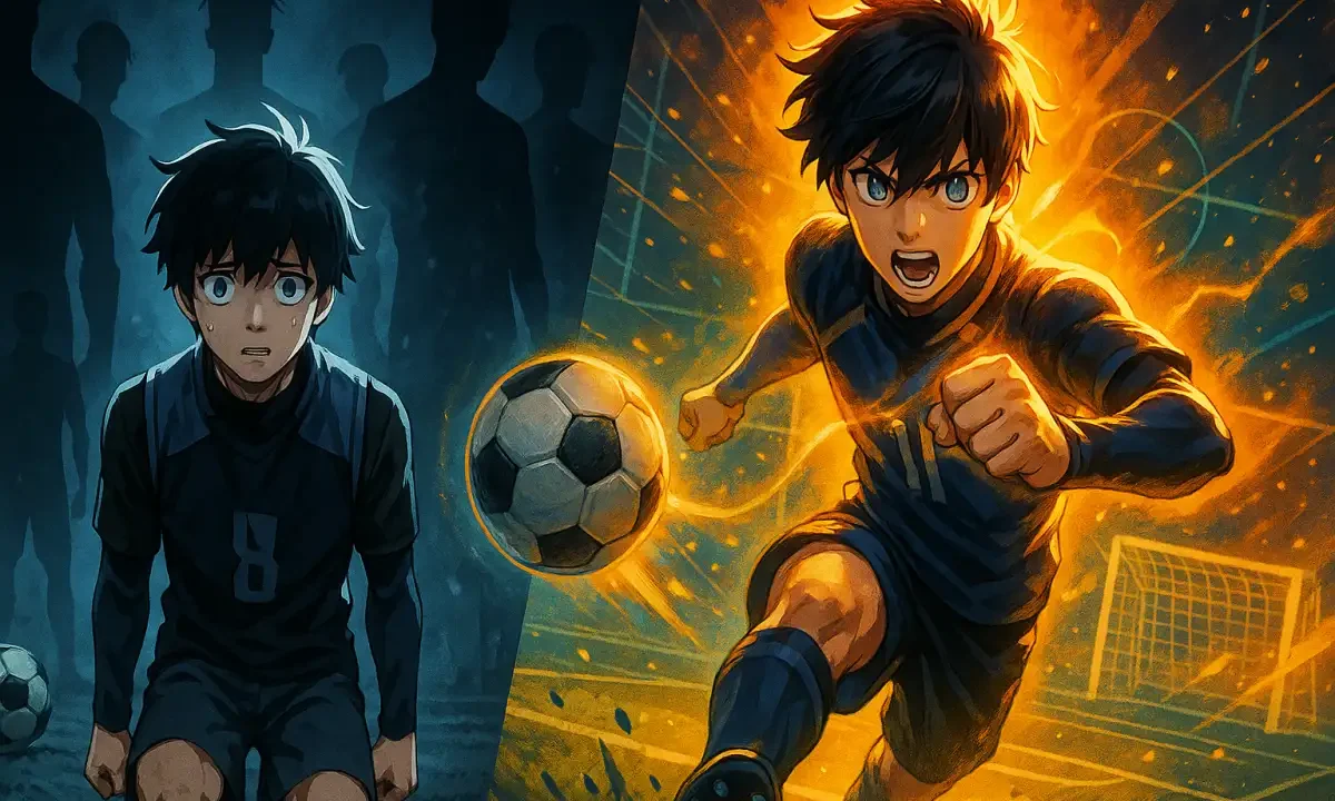 Blue Lock anime showing Isagi Yoichi's transformation from powerless player to awakened competitor with burning determination