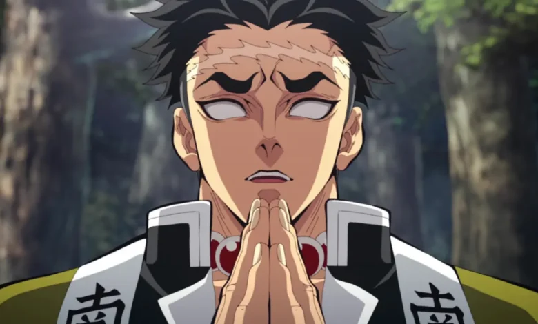 Gyomei Himejima Stone Hashira in prayer pose from Demon Slayer, demonstrating spiritual strength and power