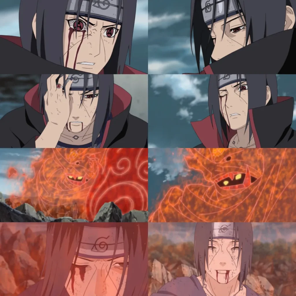Itachi Uchiha showing various emotions and Susanoo transformation from Naruto, depicting his controversial character complexity
