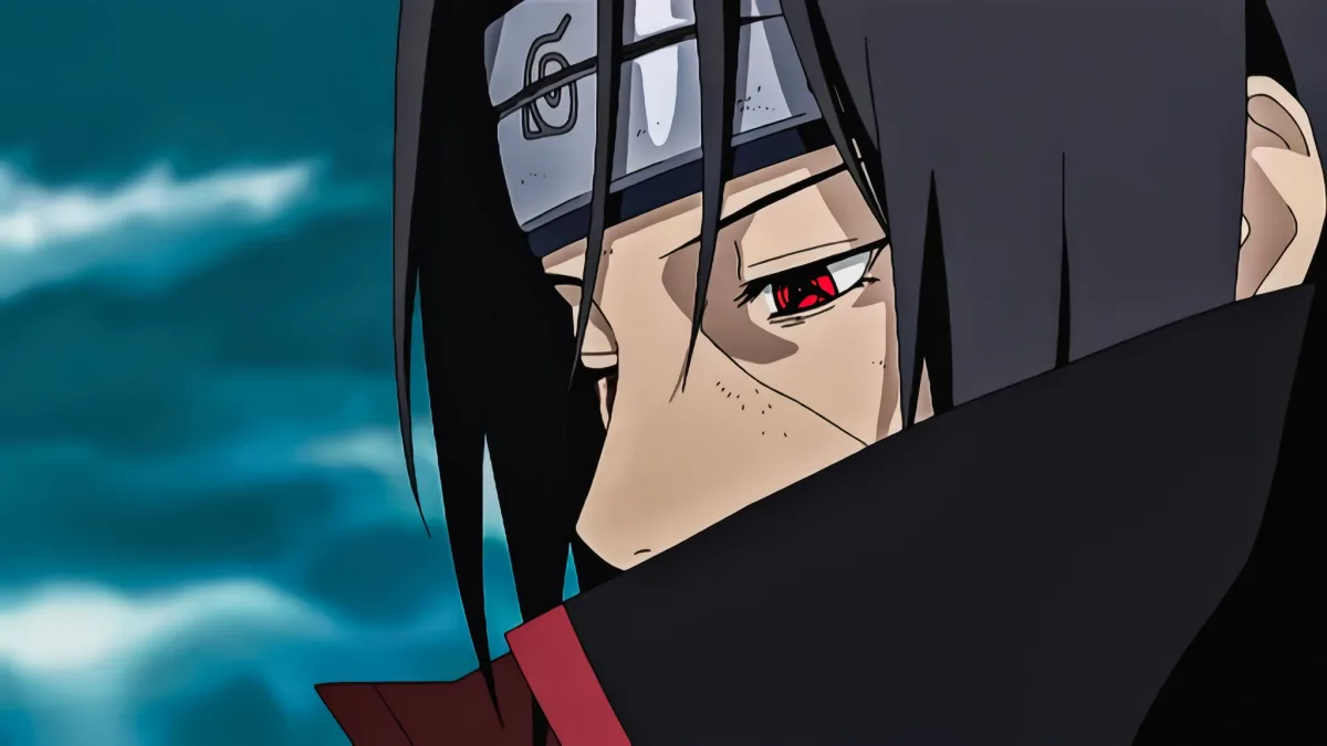 Itachi Uchiha with Sharingan eyes showing contemplative expression, representing debate about his overhyped genius status