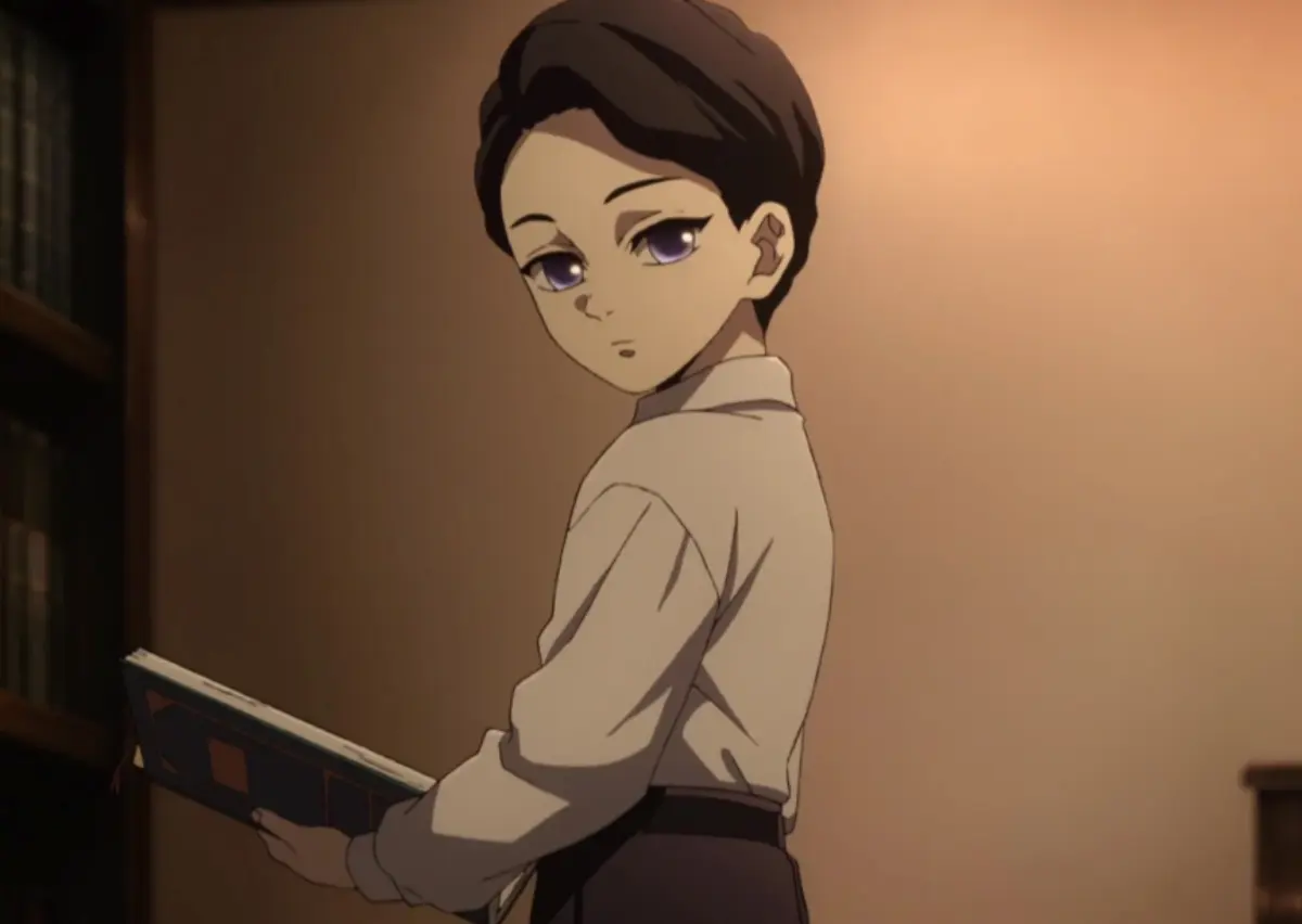 Character from Demon Slayer holding book, representing knowledge and research themes in Muzan's 1000-year story