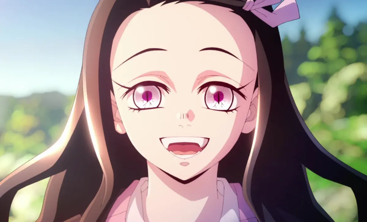 Nezuko from Demon Slayer smiling in bright sunlight, representing her ability to conquer sun immunity that eluded Muzan
