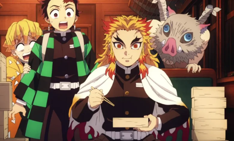 Rengoku with Tanjiro, Zenitsu and Inosuke sharing meal in Demon Slayer, showing his mentoring influence before sacrifice