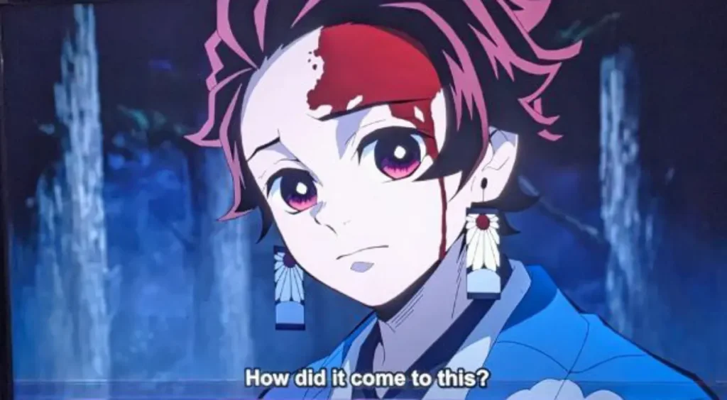 Tanjiro showing concern and empathy in Demon Slayer, demonstrating his pure nature despite fighting demons