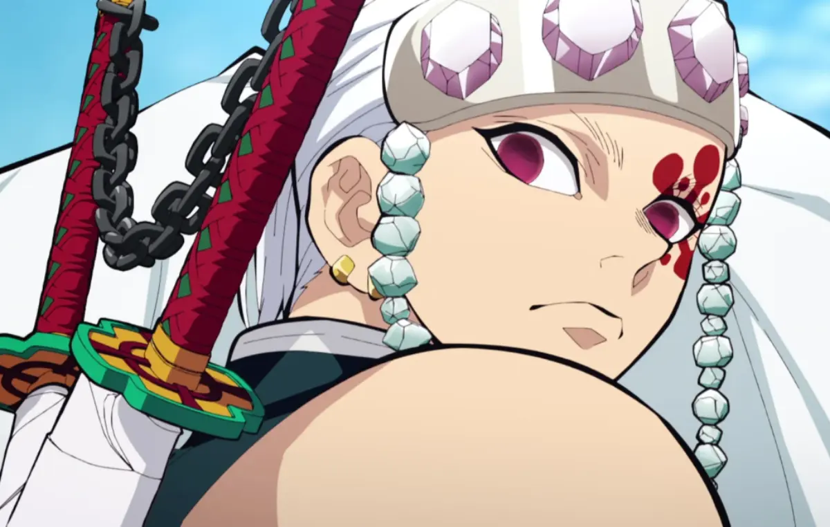 Tengen Uzui Sound Hashira from Demon Slayer in flamboyant pose with dual swords, showcasing his flashy fighting style